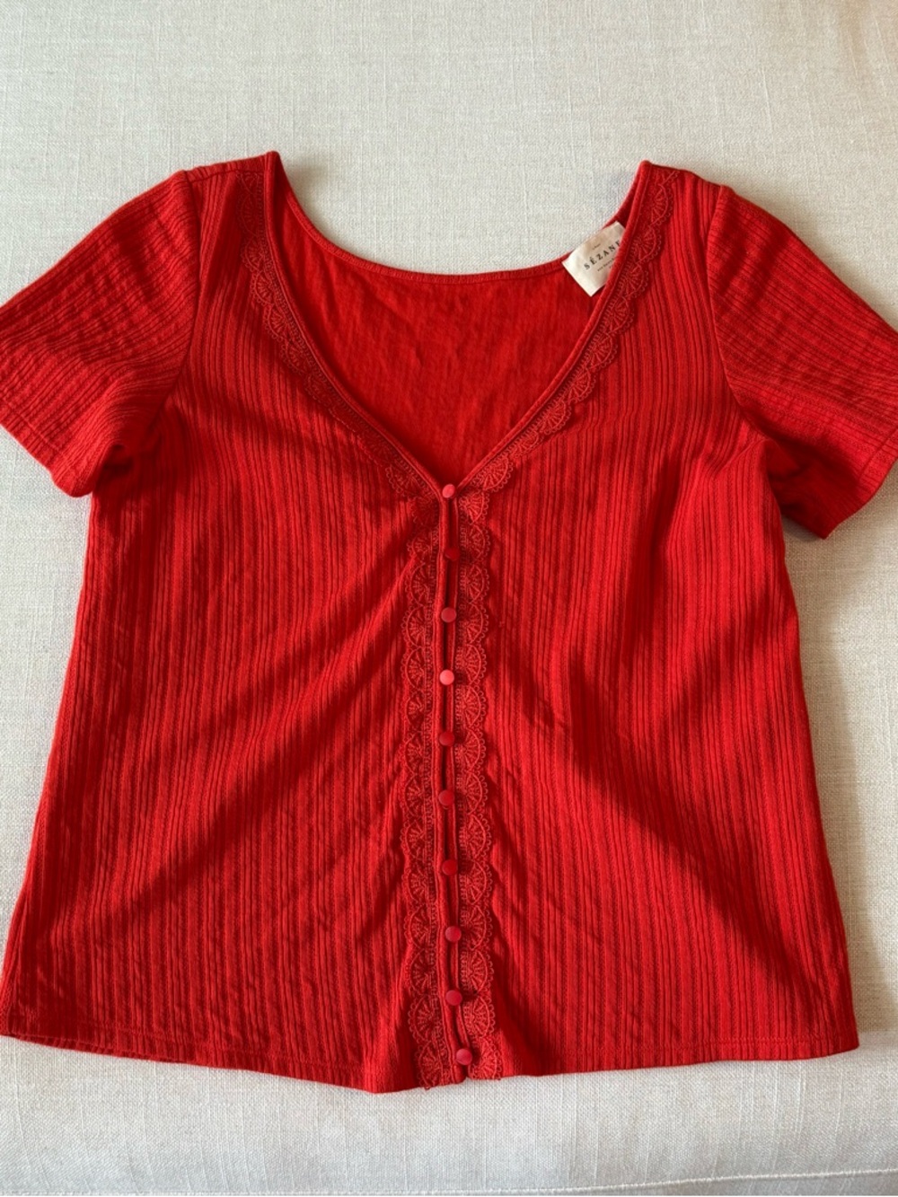 Sezane Red Ribbed Short-Sleeve Button Front Top